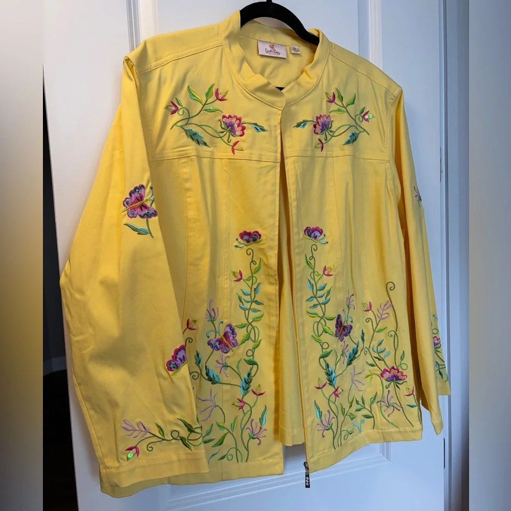 Quacker Factory Yellow Floral Embroidered Jean Jacket - Picture 1 of 5